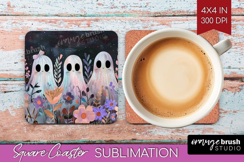 Halloween Ghost Coaster PNG Bundle, Cute Spooky Ghost Sublimation For Square Coasters, Fall Vintage Checkered Iridescent, Digital Download