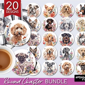 Könnte beinhalten: Ein Set mit 20 runden Untersetzern mit Aquarell-Illustrationen verschiedener Hunderassen, umgeben von Blumen. Die Untersetzer sind weiß mit einem runden, floralen Design. Der Text "Round Coaster Bundle" befindet sich am unteren Rand des Bildes.