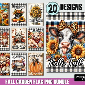 May include: A set of 20 digital printable autumn garden flags featuring various designs, including a cow, pumpkins, sunflowers, and the text "Welcome" and "Hello Autumn".