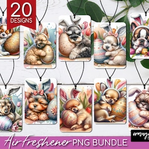 Easter Dog Air Freshener Sublimation Bundle. 20 Cute Puppies With Flowers Car Freshener PNG Bundle for Spring Crafts - Digital Download