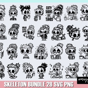Bundle SVG drôle de squelette de café, tête de mort de maman Halloween, fichier SVG de maman pour Cricut, Spooky Mama, Messy Bun SVG maman squelette en téléchargement numérique