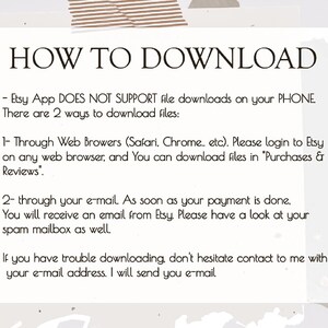 Pu&ograve; includere: Una casella di testo bianca con bordo nero e il testo "HOW TO DOWNLOAD" in un carattere grande. La casella di testo contiene istruzioni su come scaricare file digitali da Etsy. L'app Etsy non supporta il download di file sui telefoni. Le istruzioni spiegano come scaricare i file tramite browser web e tramite e-mail.