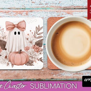 Halloween Ghost Coaster PNG Bundle, Cute Spooky Ghost Sublimation For Square Coasters, Fall Vintage Checkered Iridescent, Digital Download