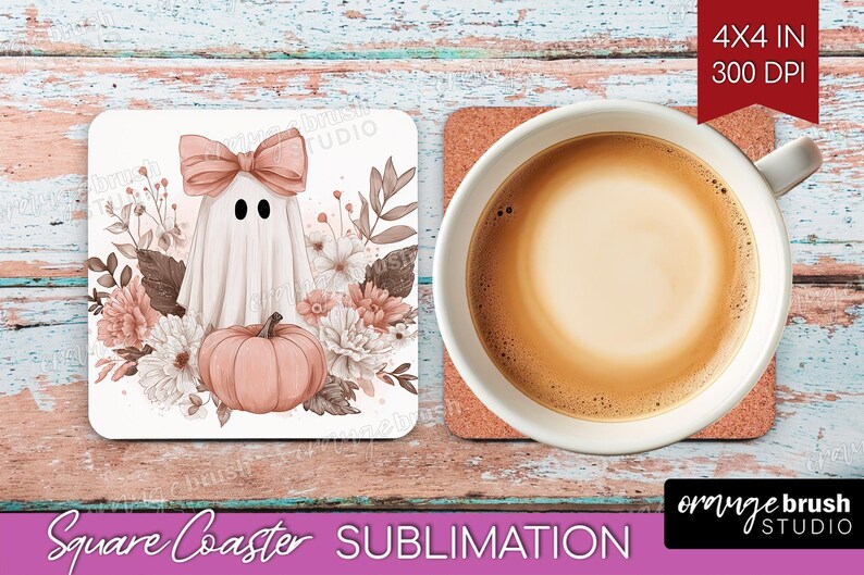 Halloween Ghost Coaster PNG Bundle, Cute Spooky Ghost Sublimation For Square Coasters, Fall Vintage Checkered Iridescent, Digital Download