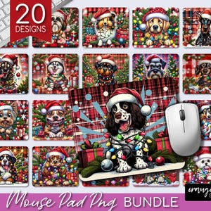 Peut inclure: Un ensemble de 20 tapis de souris avec des illustrations sur le thème de Noël. Les motifs comprennent une variété d'animaux, dont des chiens, des chats et des rennes, ainsi que des décorations festives telles que des ornements, des lumières et des flocons de neige. Les tapis de souris sont tous rectangulaires et ont un fond à carreaux rouge et noir.