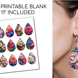 May include: A sheet of printable earring designs featuring 12 different floral patterns in a teardrop shape. The designs are 8.5 inches by 11 inches and are ready to be printed and cut out.
