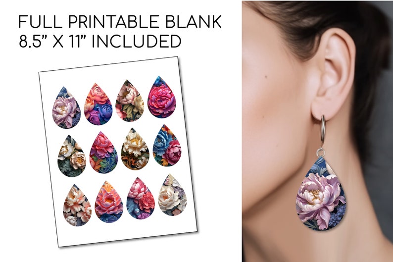 May include: A sheet of printable earring designs featuring 12 different floral patterns in a teardrop shape. The designs are 8.5 inches by 11 inches and are ready to be printed and cut out.