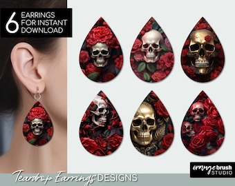 3D Skull Teardrop Earring Sublimation 3D Earrings bundle, Halloween Designs PNG Format. Skull Tear drop Earring Template - Digital Download