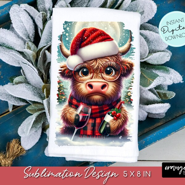 Christmas Kitchen Towel Sublimation, Highland Cow PNG. Christmas Animals Dish Towel, Tea Towel PNG for Christmas Crafts - Digital Download
