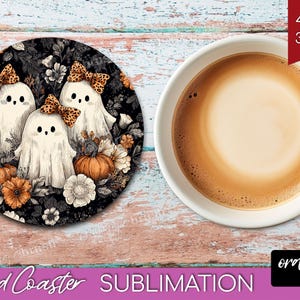 Ghost Halloween Coaster PNG Bundle, Cute Spooky Ghost Round Coaster Sublimation, Trendy Fall Vintage Checkered Iridescent - Digital Download