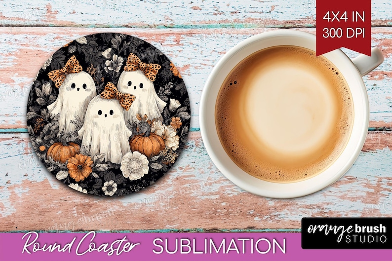 Ghost Halloween Coaster PNG Bundle, Cute Spooky Ghost Round Coaster Sublimation, Trendy Fall Vintage Checkered Iridescent - Digital Download