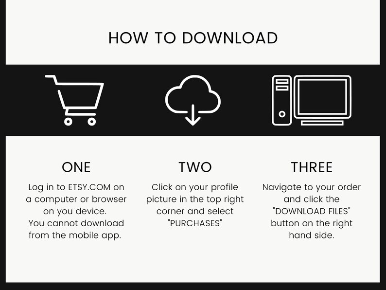 May include: Black and white illustration showing three steps to download a digital purchase from Etsy.com. Step one: Log in to Etsy.com on a computer or browser. Step two: Click on your profile picture in the top right corner and select "Purchases". Step three: Navigate to your order and click the "Download Files" button on the right hand side.