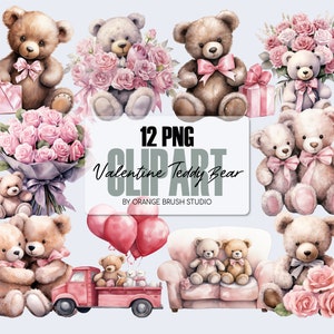Valentine Teddy Bear Watercolor Clipart Bundle. Valentine&#39;s Day Sublimation PNG. Pink Teddy Bear Clipart PNG for Crafts - Digital Download