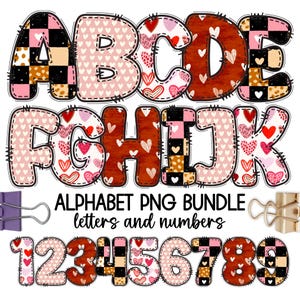 May include: A digital alphabet and number set with a Valentine's Day theme. The letters and numbers are decorated with hearts, polka dots, and checkered patterns in shades of pink, red, brown, and black. The text "ALPHABET PNG BUNDLE letters and numbers" is also included.