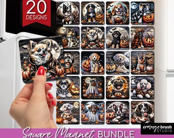Halloween Dog Magnet Sublimation Bundle. 20 Dog Breeds Fridge Magnet Designs, Cute Puppy With Pumpkin Magnet PNG - Digital Download