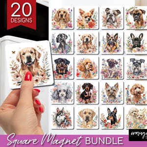 Dog with Flowers Magnet Sublimation Bundle. Spring Floral Fridge Square Magnet Designs, PNG Sublimation for Dog Mom - Digital Download