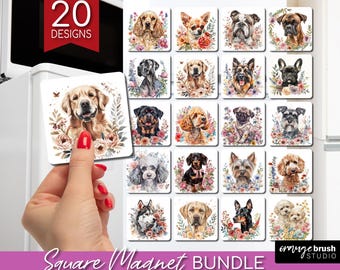 Dog with Flowers Magnet Sublimation Bundle. Spring Floral Fridge Square Magnet Designs, PNG Sublimation for Dog Mom - Digital Download