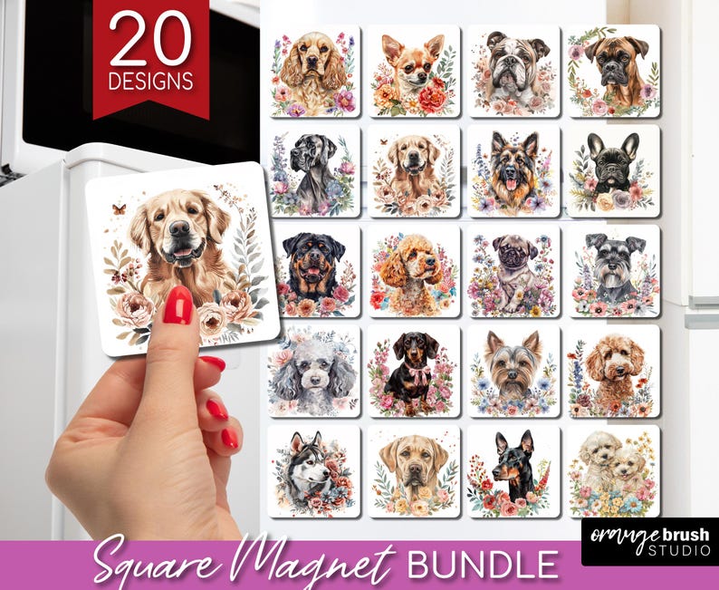 Dog With Flowers Magnet Sublimation Bundle. Spring Floral Fridge Square ...