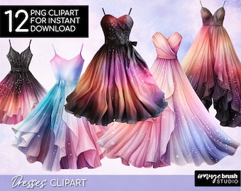 Aquarelle Robe Clipart Bundle, Party Dress Sublimation. Bal, soirée, robe de cocktail Clip Art. Mode Clipart - Téléchargement numérique