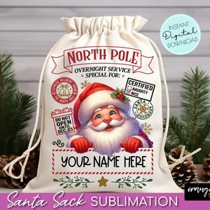 May include: A white canvas Santa sack with a red and green design. The sack has a drawstring closure and features a cartoon image of Santa Claus with the text "North Pole Overnight Service Special For: Your Name Here".