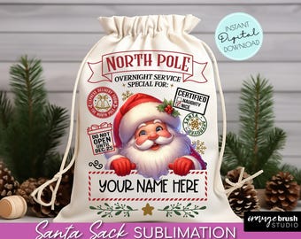 May include: A white canvas Santa sack with a red and green design. The sack has a drawstring closure and features a cartoon image of Santa Claus with the text "North Pole Overnight Service Special For: Your Name Here".