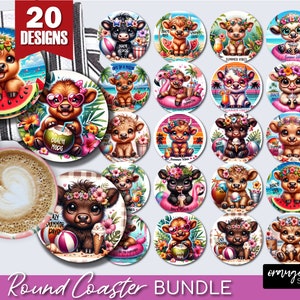 May include: A set of 20 round coasters featuring cute cartoon cows with floral headbands and summer-themed designs. The coasters are perfect for adding a touch of whimsy to your home decor.