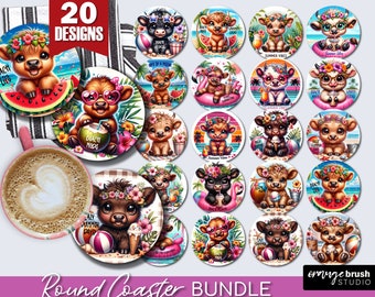 Beach Highland Cow Coaster Bundle, Summer Round Coaster Sublimation, Cute Cow Car Coaster PNG Tropical Designs for Crafts - Digital Download
