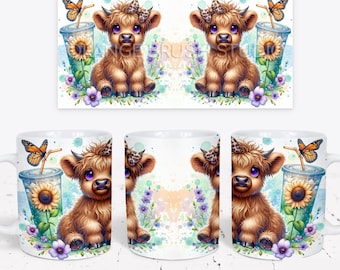 Vache Highland avec emballage de tasse à café - Mug d'été PNG. Modèle de tasse de 15 oz mignon bébé vache pastel PNG pour travaux manuels - téléchargement numérique