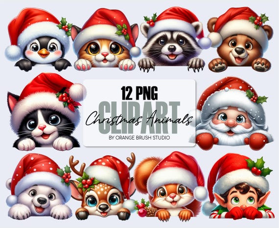 Peeking Christmas Animals Clipart - Cute Christmas PNG Designs. Baby Animals Clipart Bundle, Kids Christmas PNG Bundle - Digital Download
