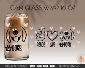 Frieden Liebe Hunde Libbey kann Glas wickeln SVG, Hund Pfotenabdruck SVG Bier kann Glas wickeln. 16 Unze Glas Dose SVG für Cricut, Dog Mom - Instant Download