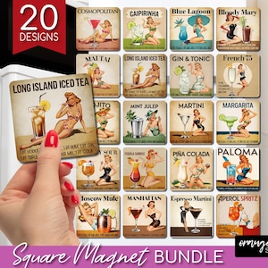 Vintage Cocktail Recipe Magnet PNG Bundle. Retro Pin Up Woman Cocktail Fridge Square Magnet PNG Sublimation Designs - Digital Download