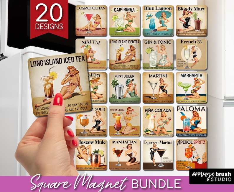 Vintage Cocktail Recipe Magnet PNG Bundle. Retro Pin Up Woman Cocktail Fridge Square Magnet PNG Sublimation Designs - Digital Download