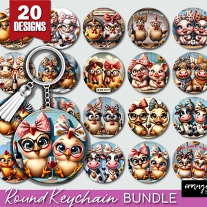 Funny Animals with Wine Keychain Sublimation Designs. Chicken Key chain Sublimation, Summer Round Keychain PNG for Craft - Digital Download