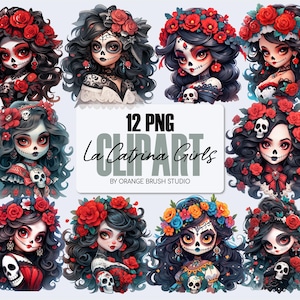 La Catrina Mädchen Clipart Bundle - Zuckerschädel Sublimation PNG Designs, Halloween Mädchen PNG für Handwerk, Tag der Toten - Digital Download