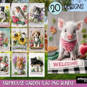 May include: A bundle of farmhouse garden flags with diverse designs. The flags display charming animals such as puppies, kittens, and a pig, alongside floral and seasonal motifs. Each flag includes the word "WELCOME".