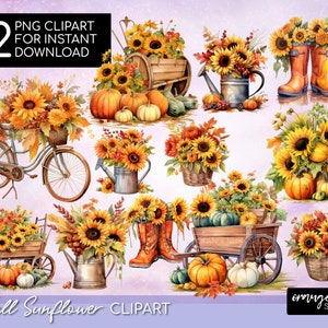Fall Sunflower Sublimation Designs, Watercolor autumn clipart png. Sunflower Pumpkin, sunflower Clipart - Digital Download- Commercial Use