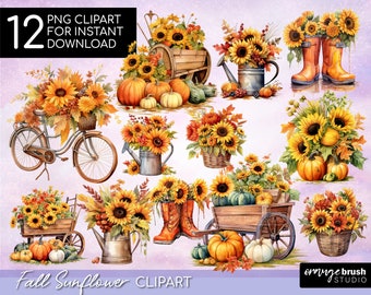 Herbst Sonnenblume Sublimation Designs, Aquarell Herbst Clipart png. Sonnenblume Kürbis, Sonnenblume Clipart - Digital Download - Kommerzielle Nutzung