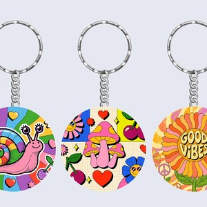 Groovy Summer Keychain Sublimation Bundle. Retro Summer Vibes Keyring, 20 Round Hippie Smiley Flowers Keychain Designs - Digital Download