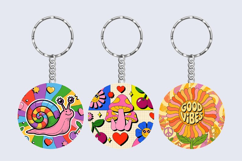Groovy Summer Keychain Sublimation Bundle. Retro Summer Vibes Keyring, 20 Round Hippie Smiley Flowers Keychain Designs - Digital Download