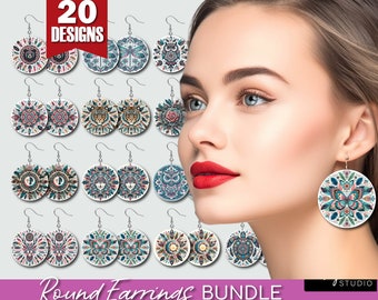 Boho Mandala Round Earrings Sublimation - Earrings Bundle, Boho Earrings Sublimation Designs. Earring Template 20 PNG - Digital Download
