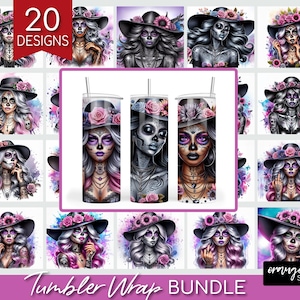 Könnte beinhalten: 20 Designs für Tumbler-Wraps mit einem Thema zum Tag der Toten. Jedes Design zeigt eine Frau mit einem Zucker-Schädel-Make-up, die einen breitkrempigen Hut mit Blumen trägt. Die Designs sind im Aquarell-Stil mit rosa, lila und blauen Farben gehalten.