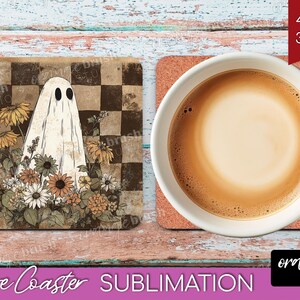 Halloween Ghost Coaster PNG Bundle, Cute Spooky Ghost Sublimation For Square Coasters, Fall Vintage Checkered Iridescent, Digital Download