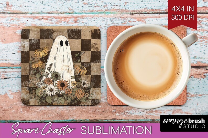 Halloween Ghost Coaster PNG Bundle, Cute Spooky Ghost Sublimation For Square Coasters, Fall Vintage Checkered Iridescent, Digital Download