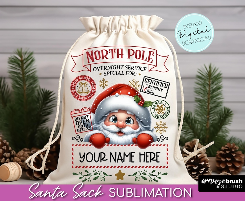 Santa Sack PNG Bundle, Cute Santa Gift Bag Sublimation Designs, North Pole Delivery, Kids Christmas Bag Templates - Instant Download