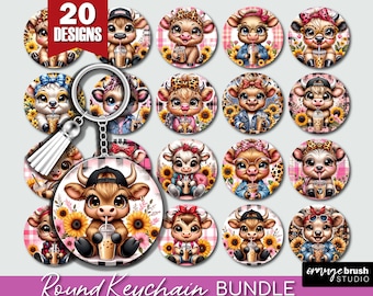 Highland Cow Keychain - Flower Keychain Sublimation Bundle. Baby Cow Keyring Sublimation - 20 Round Key Chains - Digital Download
