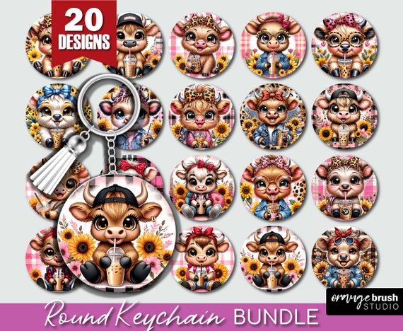 Highland Cow Keychain - Flower Keychain Sublimation Bundle. Baby Cow Keyring Sublimation - 20 Round Key Chains - Digital Download