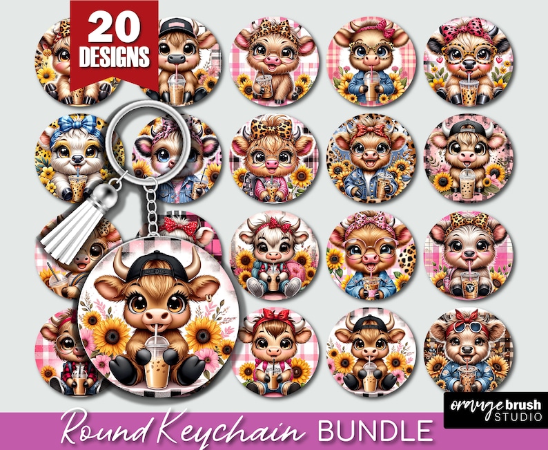 Highland Cow Keychain - Flower Keychain Sublimation Bundle. Baby Cow Keyring Sublimation - 20 Round Key Chains - Digital Download