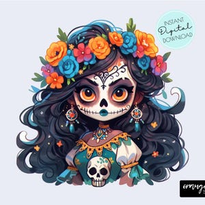 La Catrina Clipart, Halloween Sugar Skull PNG, Sublimation PNG le jour de la mort pour des T-Shirts, des autocollants, des travaux manuels - téléchargement numérique