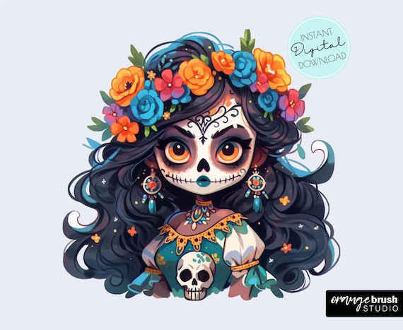 La Catrina Clipart, Halloween Sugar Skull PNG, Day of the Dead Girl Sublimation PNG Design for T-Shirts, Stickers, Crafts - Digital Download