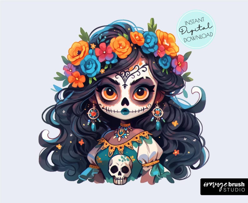 La Catrina Clipart, Halloween Sugar Skull PNG, Day of the Dead Girl Sublimation PNG Design for T-Shirts, Stickers, Crafts - Digital Download